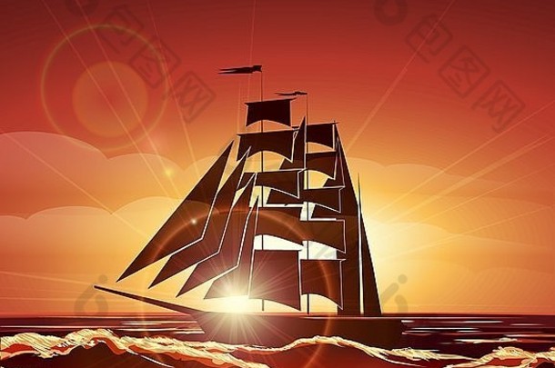 航行船日落色彩斑斓的插图