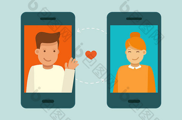 时尚平板风格的插图-在线约会应用程序概念-屏幕上有应用程序的手机-男女寻找爱情