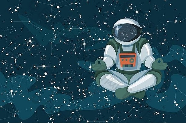 宇航员坐在莲花的位置上，冥想，放松漂浮在太空中