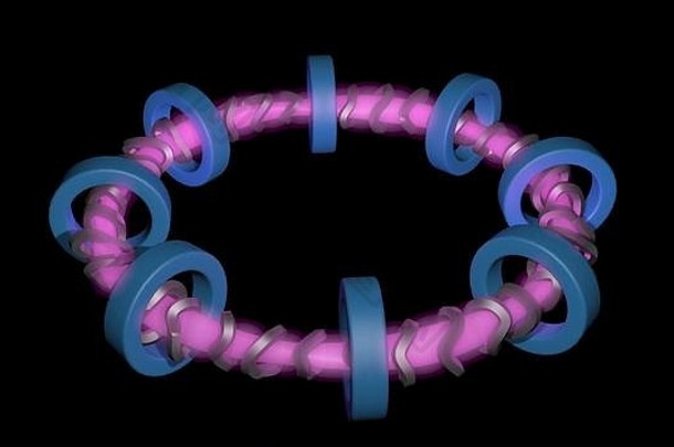 聚变反应堆恒星式。3d渲染艺术概念。环，线圈，发光的等离子体