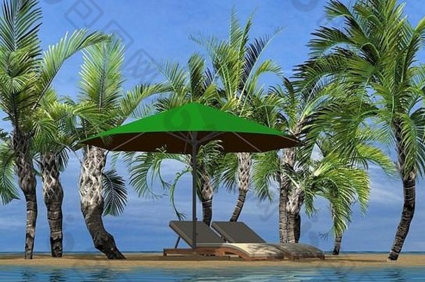 假期假期目的地概念美丽的岛夏天景观棕榈树甲板椅子
