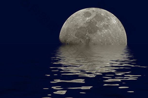 月亮靠近天际线，在黑暗的天空中反射着波浪状的水。有一个空间可以插入一些文本或图像。
