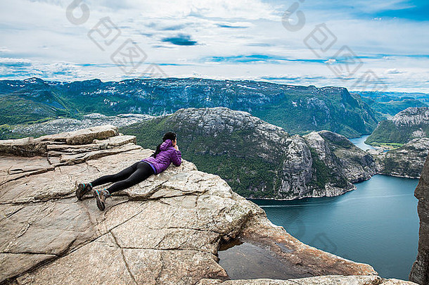 女人景观高度美丽的自然挪威讲坛岩讲道坛
