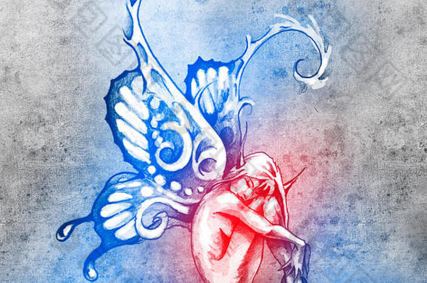 纹身艺术素描，蝴蝶翅膀仙女