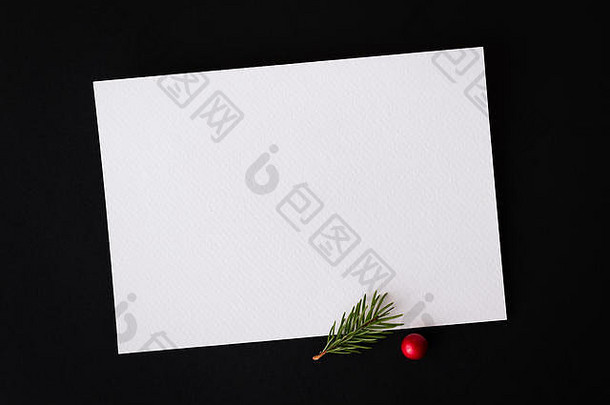 圣诞作文与白色的节日文本纸页。带有冷杉枝和冬青浆果的新年装饰。新年概念。平面布置，俯视图，c