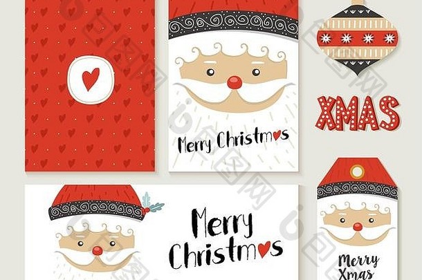 圣诞快乐贺卡套装，可爱的圣诞老人复古设计。包括节日主题标签、标题和礼品标签。EPS10载体。