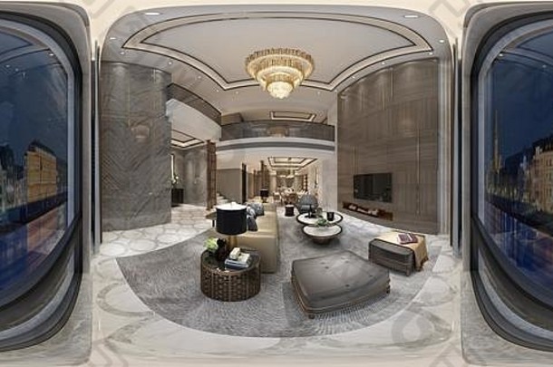 360度家庭内部，客厅和餐厅。