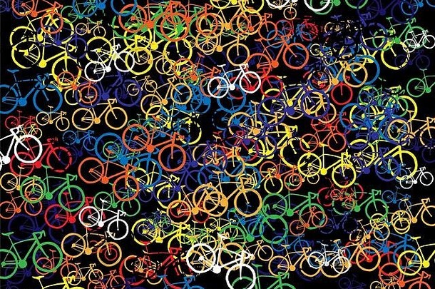 黑色背景，彩色小自行车。插图