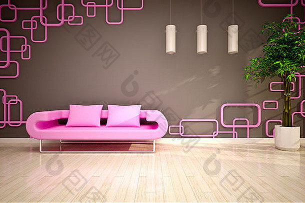 现代生活房间粉红色的沙发