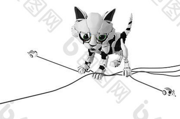 带计算机鼠标的<strong>机器猫</strong>，同时捕捉多个，3d插图，水平，隔离
