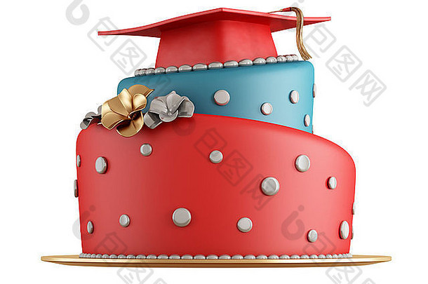 红色和蓝色的<strong>毕业蛋糕</strong>，顶部有帽子-渲染