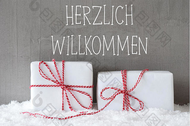 两件礼物加上雪，Herzlich Willkommen表示欢迎