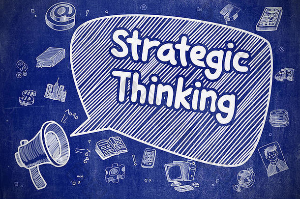 <strong>战略思维</strong>-在蓝色黑板上涂鸦插图。