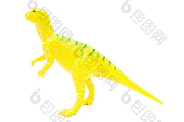 侧视图白色背景上的黄色塑料恐龙玩具