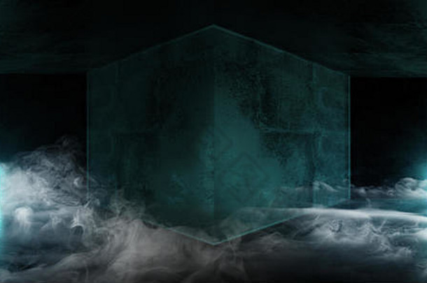烟雾科幻未来主义背景霓虹灯现代优雅深蓝色充满活力的发光管赛博朋克空房大厅隧道走廊Grunge反光灯
