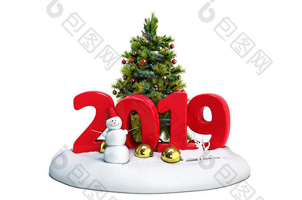 2019年新年雪岛，雪人和圣诞树3d白色渲染