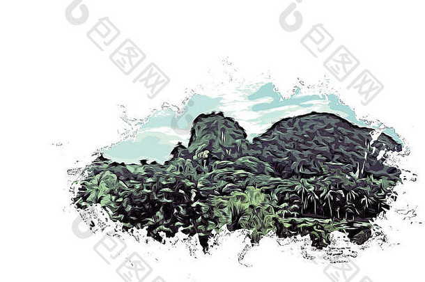 以水彩插画为背景，抽象出丰富多彩的山峰和树木景观。