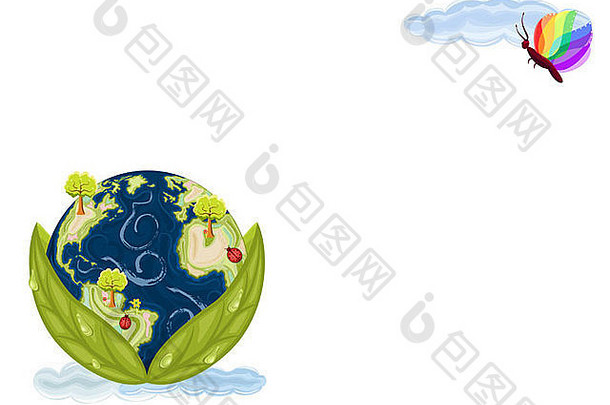 保护自然生态系统-地球在绿叶中，蝴蝶，瓢虫和树木。地球日卡片