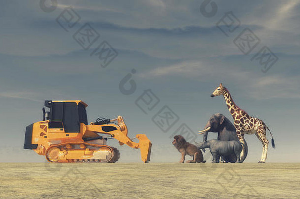 黄色推土机与野生动物（大象、狮子、犀牛和长颈鹿）面对面。概念图像。这是一个3d渲染插图