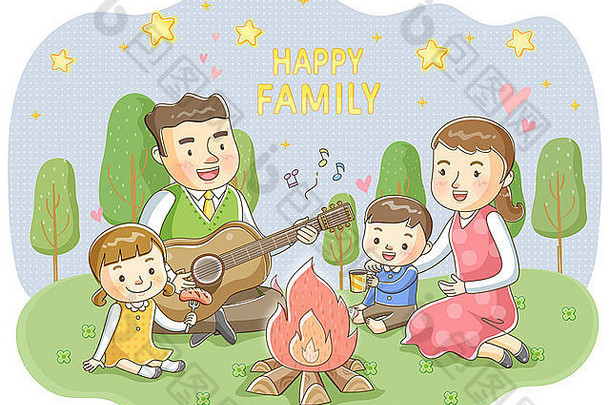 一家人享受篝火的插图