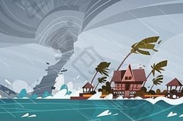 来自海洋飓风的龙卷风海洋巨浪对海岸房屋的影响热带自然灾害概念
