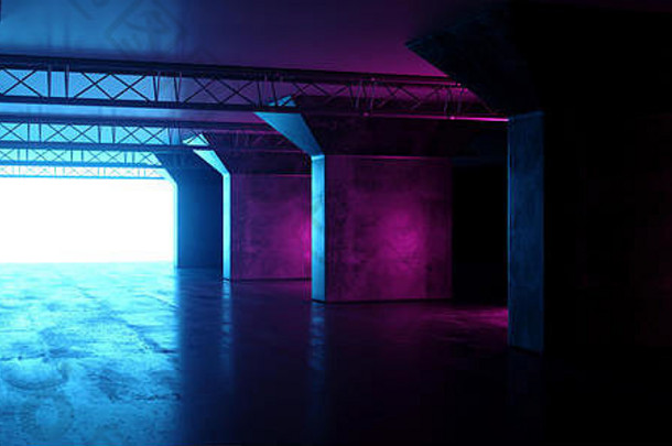 霓虹灯发光紫粉蓝复古科幻未来主义现代空垃圾混凝土反光舞台施工隧道走廊暗室大厅3D Ren
