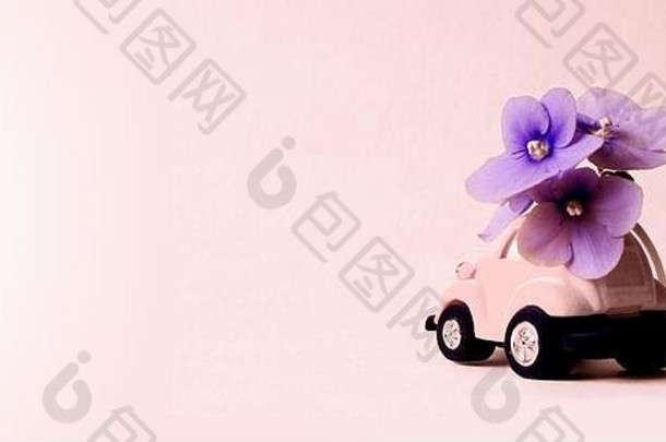 卡片上有一辆粉红色的小玩具车，在粉红色的背景上放着一束蓝色的花。