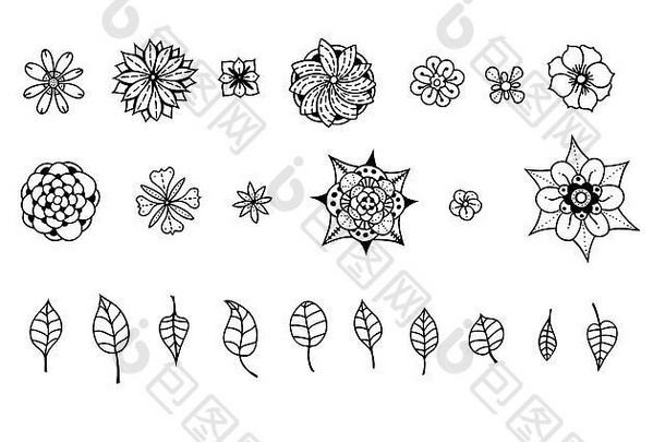 白色黑色的涂鸦花集花俏的花叶子设计元素