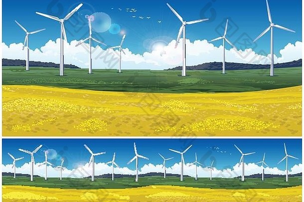 带有风力发电机的风景如画的场地插图。如果需要，水平无缝