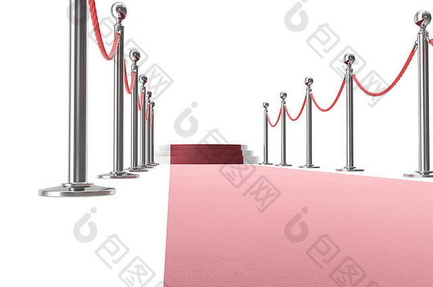 红色活动地毯隔离在白色背景上，位于两个绳索屏障之间。三维渲染