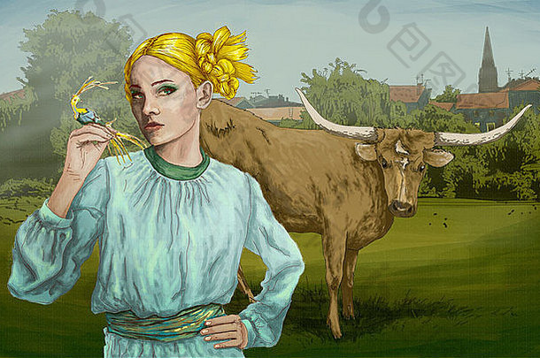 背景为奶牛的自信年轻女子的插图