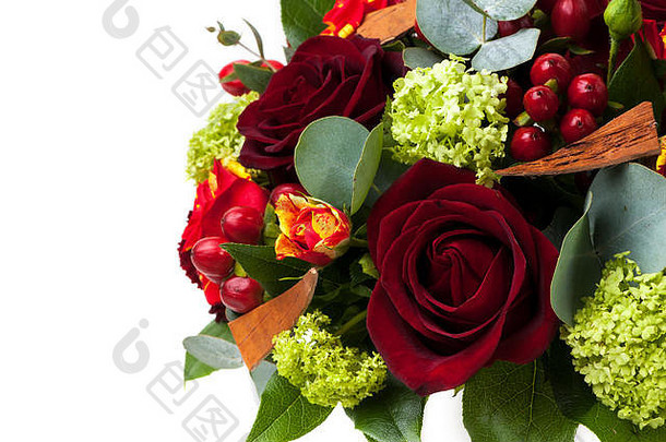 红玫瑰和各种各样的花特写。情人节