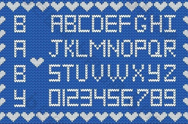 婴儿织物脚本男孩可爱的针织美国广播公司字母针织模式男孩海军蓝色的织物背景框架心卡片