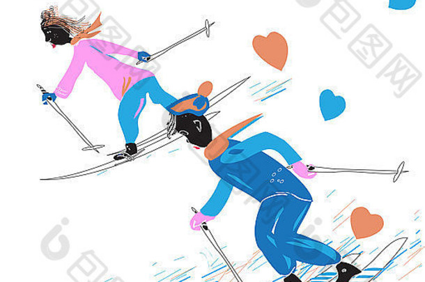 情侣滑雪、插画