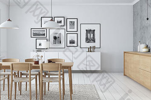 阁楼公寓的现代北欧厨房。三维渲染