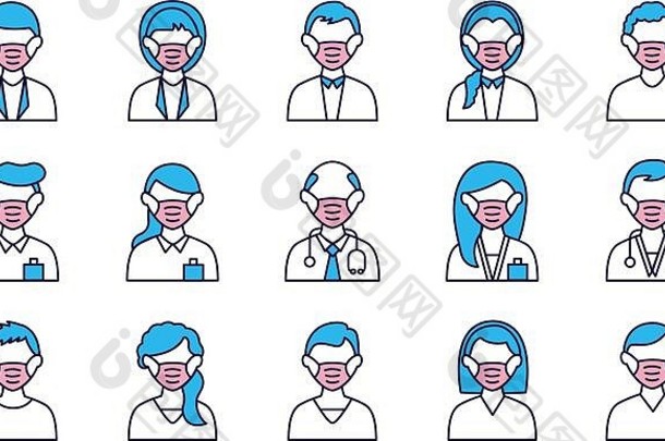 戴医用口罩的人群和医生