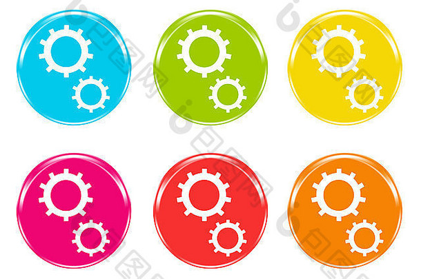 蓝色、绿色、黄色、粉色、红色和橙色的齿轮图标