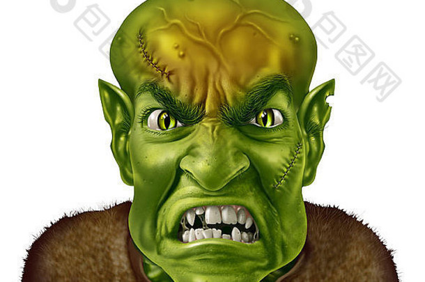 愤怒管理理念，绿色怪兽脸，疯狂科学家型人物，愤怒的人类表情，尖叫