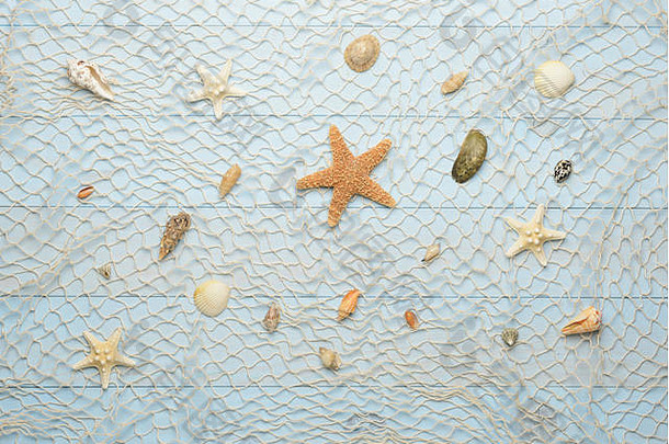蓝色木制背景上的贝壳、海星和贝壳，带渔网，俯瞰