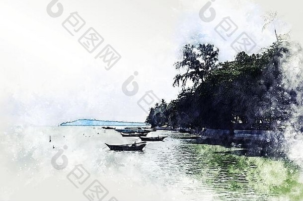 以水彩插画为背景，抽象出丰富多彩的软波水海树木景观。