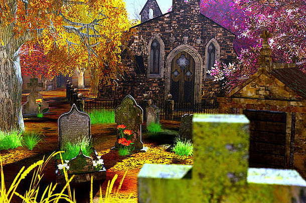 墓地中的秋天3D渲染