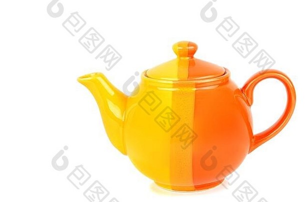 橙色颜色瓷茶壶孤立的白色背景免费的空间文本