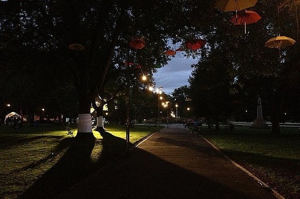 曼彻斯特的<strong>惠</strong>特沃思公园，树上挂着五颜六色的雨伞