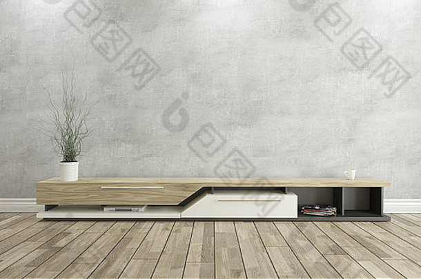 设计用混凝土墙和木质拼花地板背景的电视台