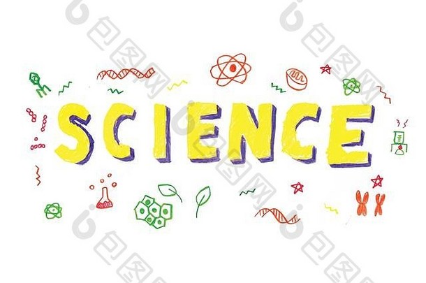 STEM中的科学词汇插图-科学、技术、工程、数学教育概念儿童手绘字体设计