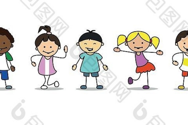 快乐儿童插画玩耍和跳舞的儿童，vector