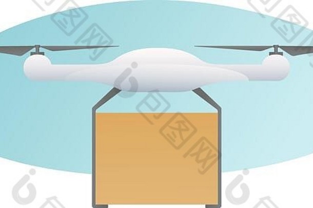 远程空中无人机，一个盒子在空中飞行。通过飞行无人机现代化交付包裹。特快专递包裹的平面图