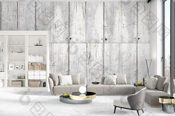 全新的室内设计，白色的架子，现代的灰色沙发，时尚的场景。三维渲染。水平排列。