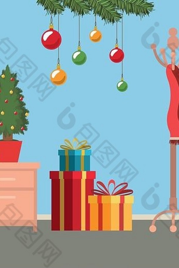 圣诞场景，文件柜和小圣诞树放在罐子里，还有礼物