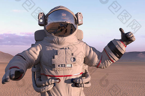 宇航员竖起大拇指，头盔上反射着火星车，宇航员在一个废弃的星球上，3D渲染